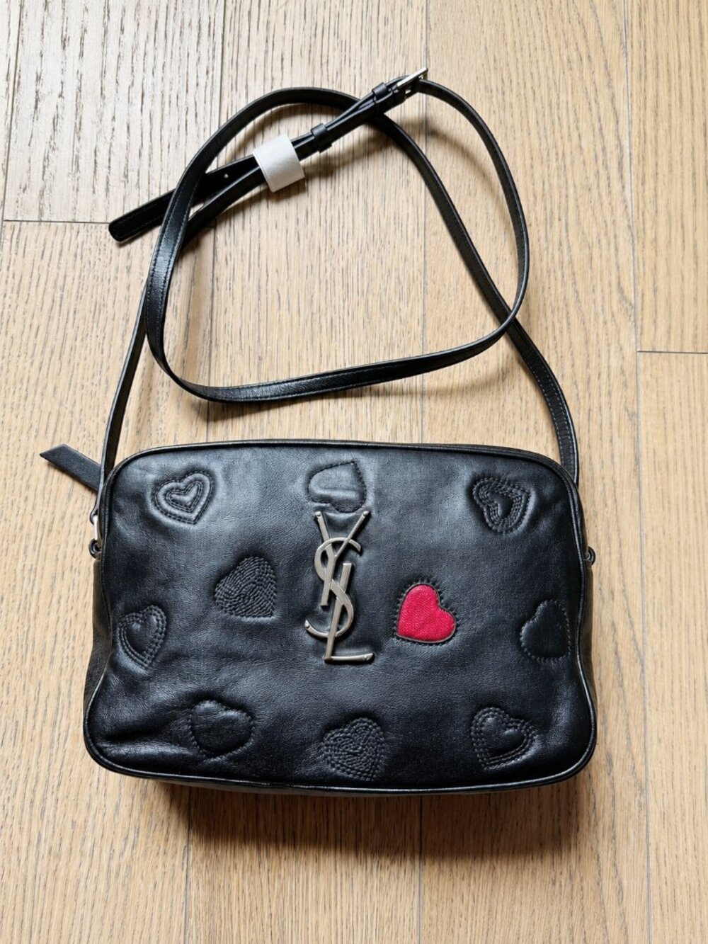 Saint Laurent YSL Black Leather Heart Camera Crossbody with Silver Logo